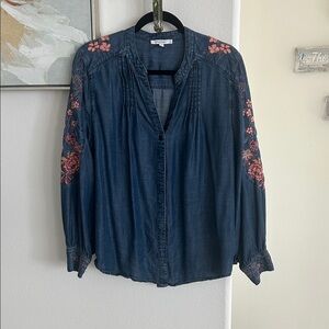 Chico's Dark Blue Floral Embroidered Blouse